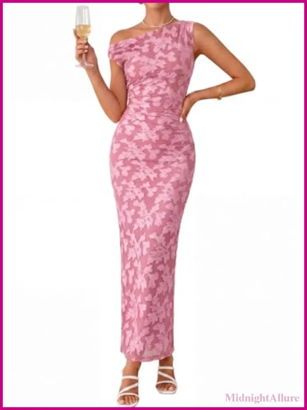 Floral One Shoulder Maxi Dress, Bodycon Ruched Cocktail Dress for Wedding Guest